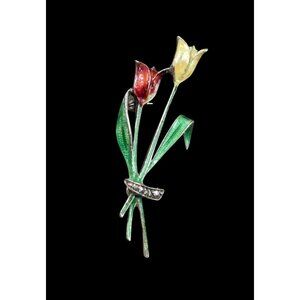 Art deco enamel and‎ marcasite tulip brooch 835silver floral 2 inch